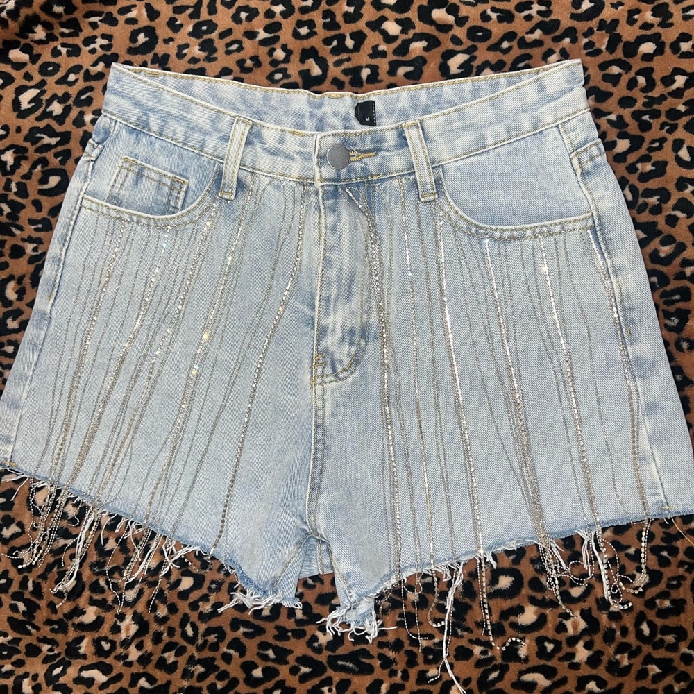 Blue High-Waisted Jean Shorts with Rhinestone Fringes